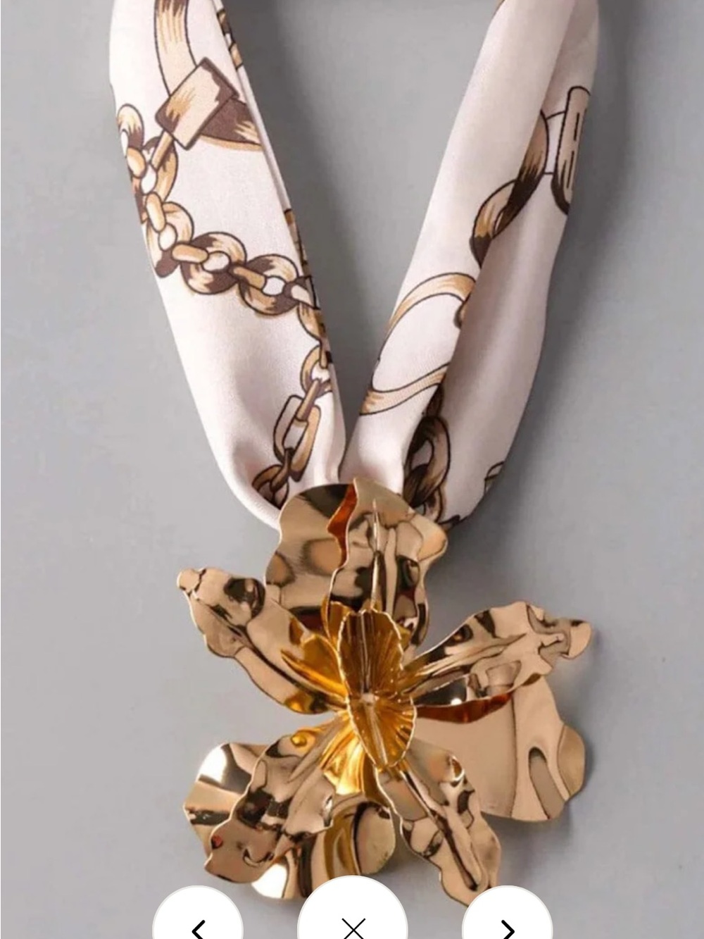 Gold Floral Pendant Scarf Necklace on Cream Chain-Print Silk - Picture 2 of 2